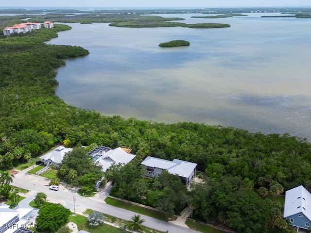 aerial view featuring a forest view and a water view