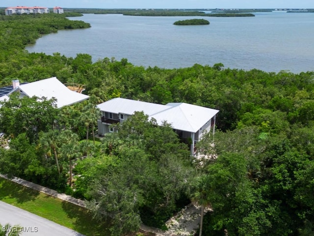 drone / aerial view featuring a water view and a forest view