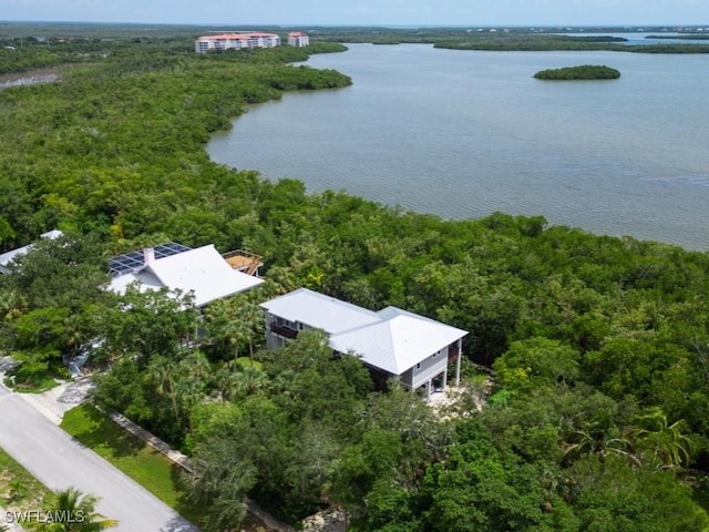 drone / aerial view featuring a water view and a wooded view