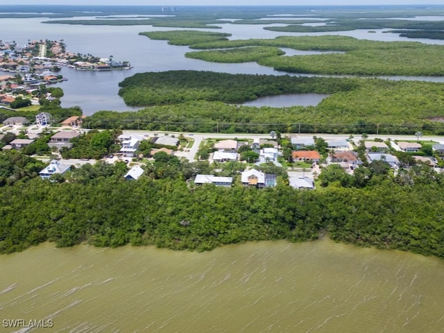 drone / aerial view featuring a forest view and a water view