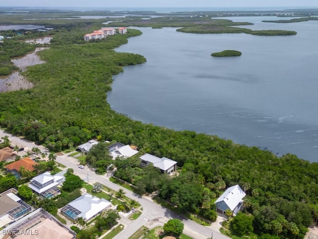 aerial view with a water view and a wooded view