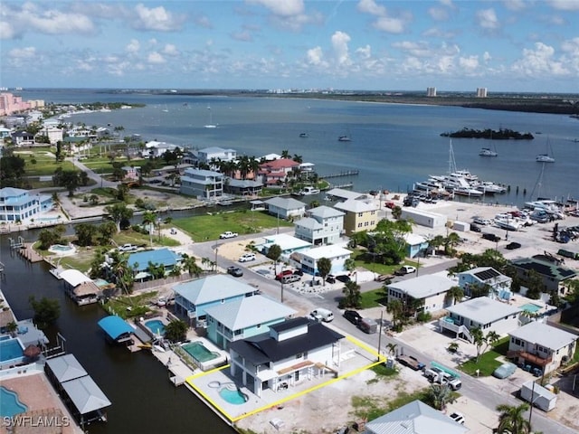 aerial view featuring a water view