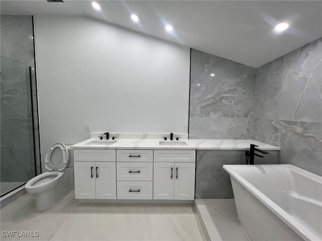 full bathroom with vanity, toilet, tile walls, and plus walk in shower