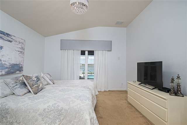 bedroom with light carpet, visible vents, baseboards, vaulted ceiling, and an inviting chandelier