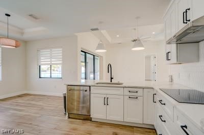 kitchen featuring light hardwood / wood-style floors, stainless steel dishwasher, sink, and white cabinets