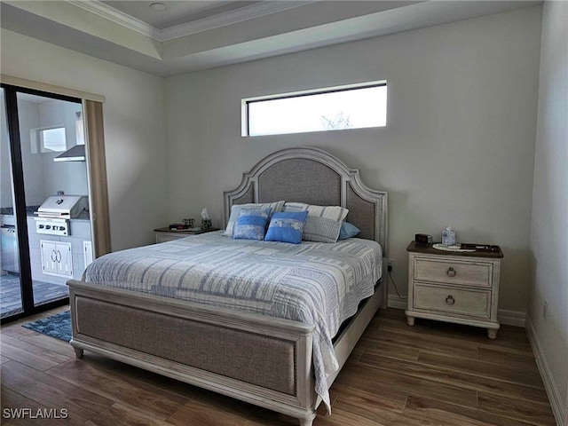 bedroom featuring access to exterior, crown molding, and dark wood-type flooring