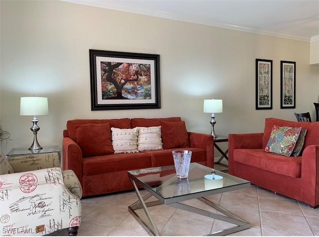 living area featuring light tile patterned floors and ornamental molding