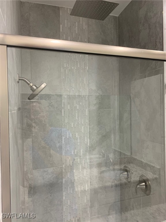 interior details featuring a shower with door