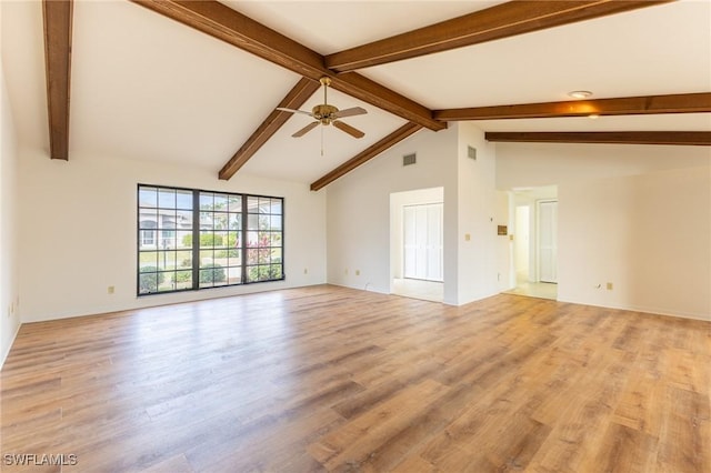 unfurnished living room with beam ceiling, ceiling fan, light hardwood / wood-style flooring, and high vaulted ceiling