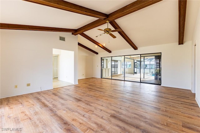 spare room with beamed ceiling, ceiling fan, high vaulted ceiling, and light hardwood / wood-style flooring