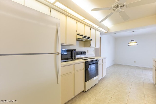 kitchen featuring pendant lighting, white appliances, light tile patterned floors, and ceiling fan