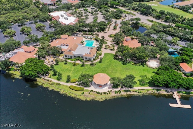 aerial view featuring a water view