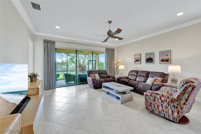 living room featuring ceiling fan, light tile patterned flooring, and crown molding