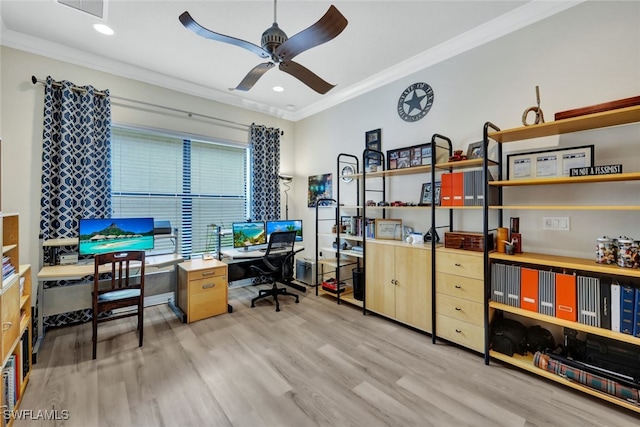 home office with ornamental molding, light hardwood / wood-style floors, and ceiling fan