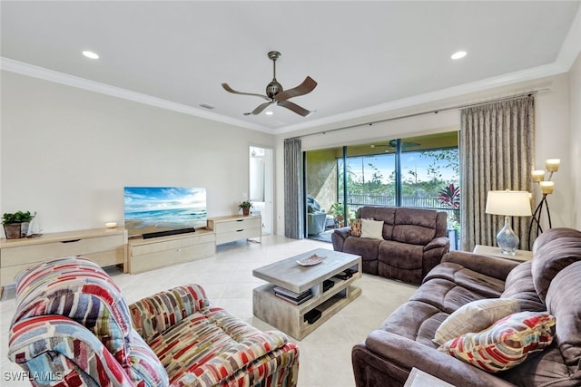 living room featuring crown molding, light tile patterned flooring, and ceiling fan