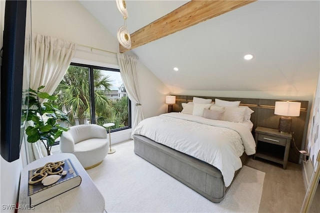 bedroom featuring lofted ceiling with beams, wood finished floors, and recessed lighting