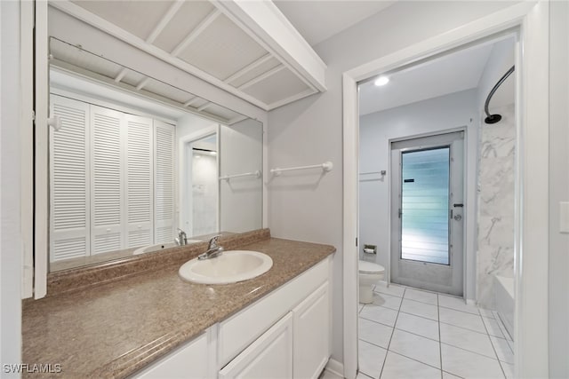 full bathroom with vanity, toilet, tile patterned flooring, and tub / shower combination