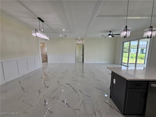 kitchen featuring light stone countertops, stainless steel dishwasher, pendant lighting, ceiling fan with notable chandelier, and ornamental molding