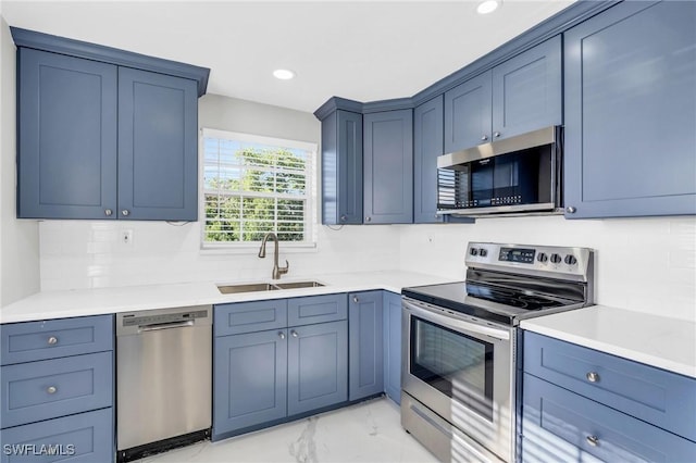 kitchen with appliances with stainless steel finishes, backsplash, and sink