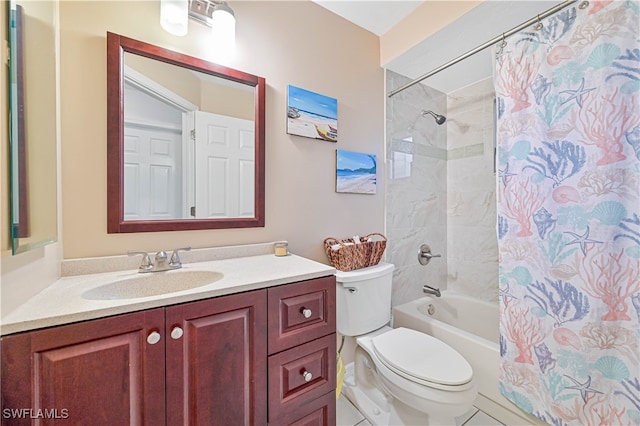 full bathroom with tile patterned floors, vanity, shower / bath combination with curtain, and toilet