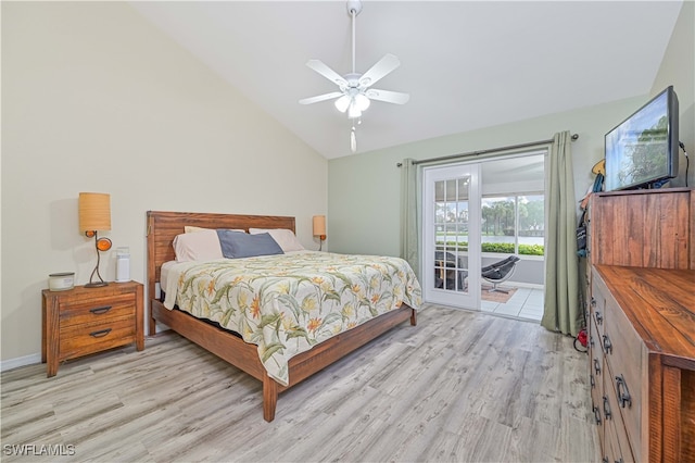 bedroom with access to outside, ceiling fan, lofted ceiling, and light hardwood / wood-style floors