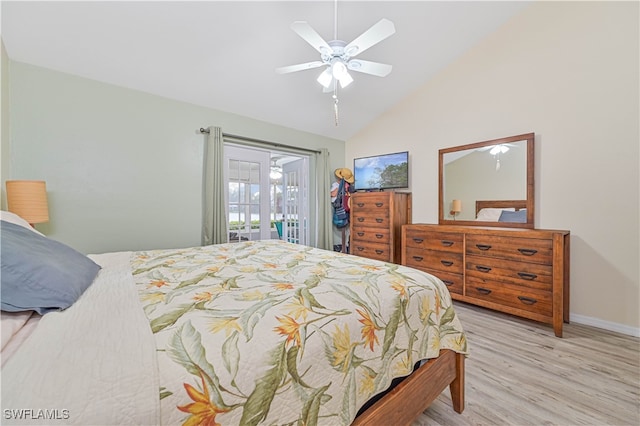 bedroom with access to outside, ceiling fan, vaulted ceiling, and light wood-type flooring