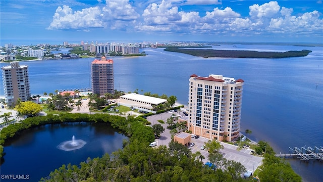 bird's eye view with a water view