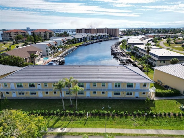 bird's eye view with a water view