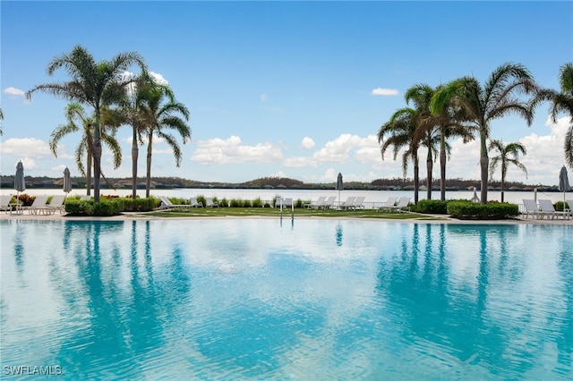 view of pool with a water view