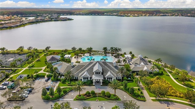 bird's eye view with a water view