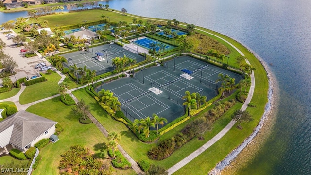 birds eye view of property featuring a water view