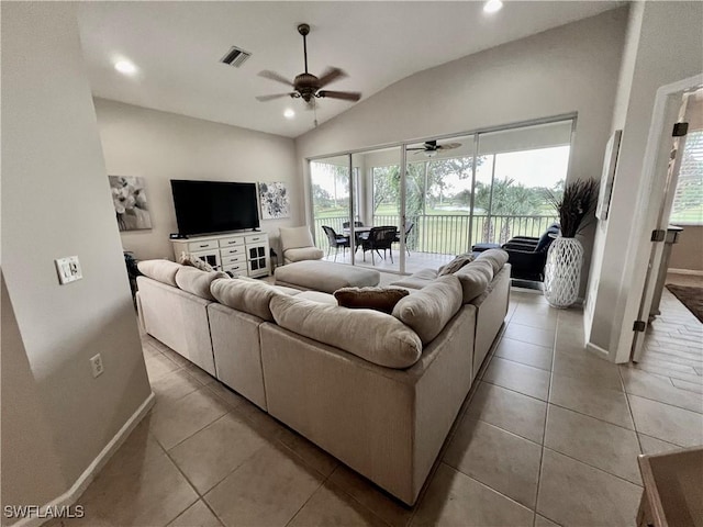 3020 Meandering Way Unit 201, Fort Myers, FL 33905 - living room with a ceiling fan, lofted ceiling, light tile patterned floors, and recessed lighting