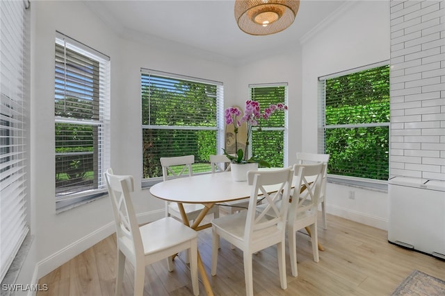 dining space featuring crown molding and light wood-type flooring