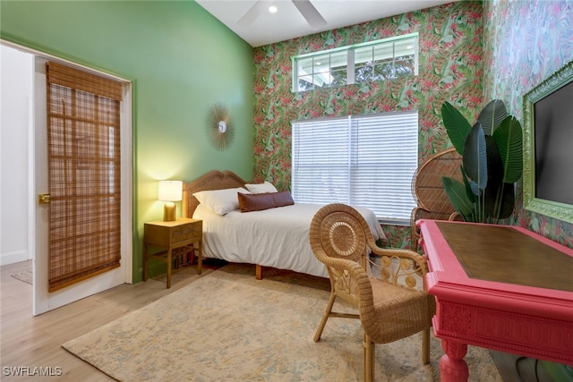 bedroom featuring ceiling fan and light wood-type flooring