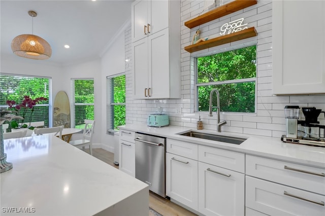 kitchen featuring sink, stainless steel dishwasher, a wealth of natural light, and light wood-type flooring