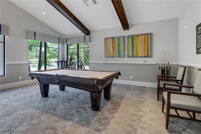 game room featuring carpet, billiards, and lofted ceiling with beams