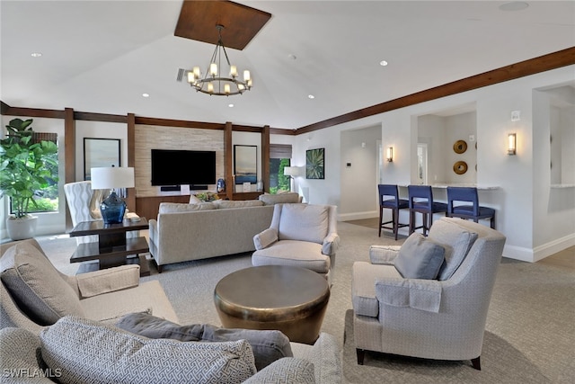 carpeted living room with an inviting chandelier and lofted ceiling