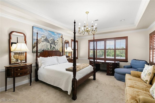 carpeted bedroom with a raised ceiling, ornamental molding, and a notable chandelier