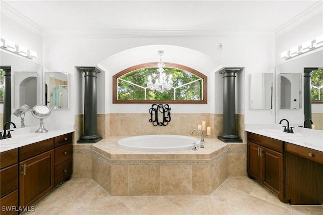 bathroom with vanity, tiled bath, crown molding, and a notable chandelier