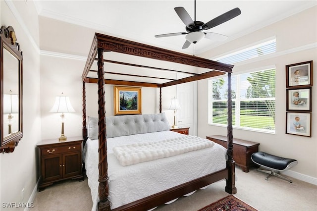 bedroom featuring light carpet, multiple windows, crown molding, and ceiling fan