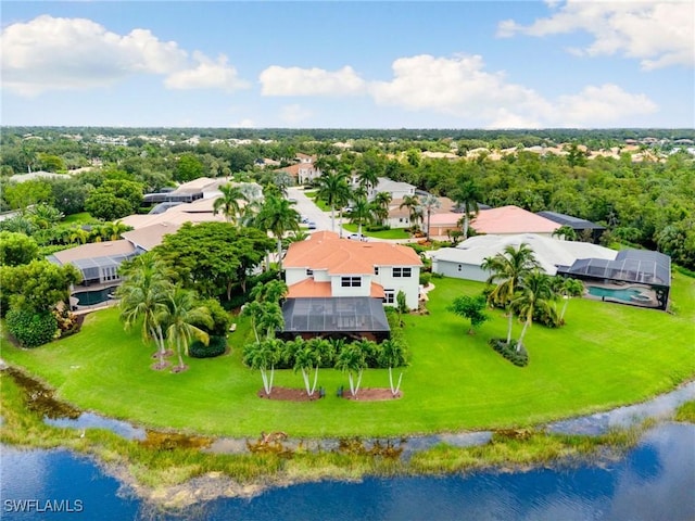 bird's eye view with a water view