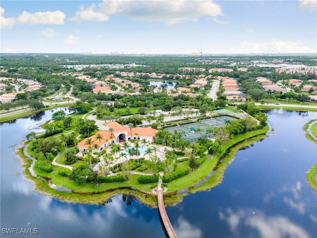 aerial view featuring a water view