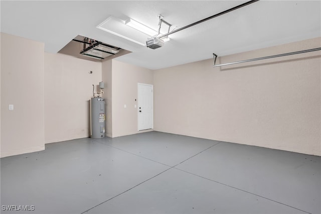 garage with a garage door opener and water heater