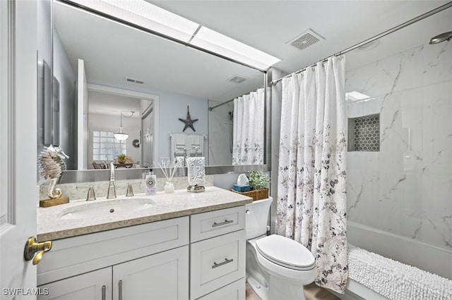 full bathroom with toilet, shower / bathtub combination with curtain, and vanity