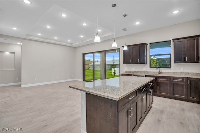 kitchen featuring light hardwood / wood-style flooring, light stone counters, a raised ceiling, a wealth of natural light, and pendant lighting