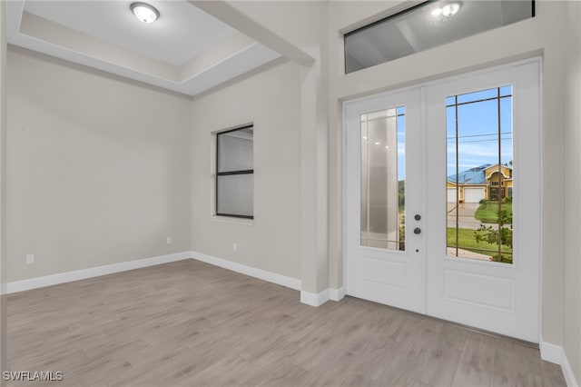 foyer entrance with a tray ceiling and light wood-type flooring