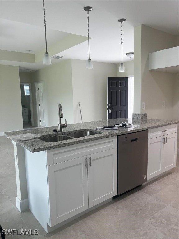 kitchen with decorative light fixtures, white cabinetry, stainless steel dishwasher, sink, and light tile patterned floors