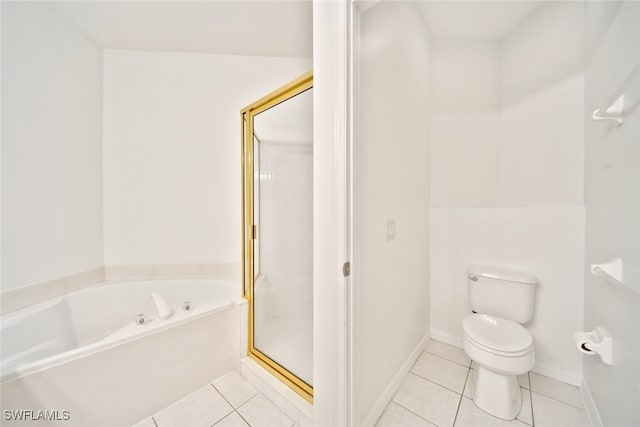 bathroom featuring independent shower and bath, toilet, and tile patterned floors