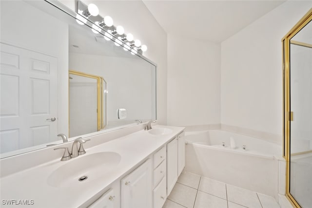 bathroom with vanity, plus walk in shower, and tile patterned floors