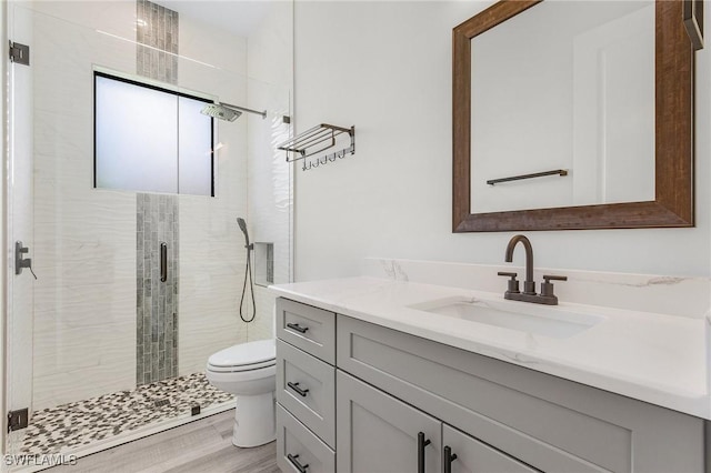 bathroom with vanity, wood-type flooring, toilet, and walk in shower